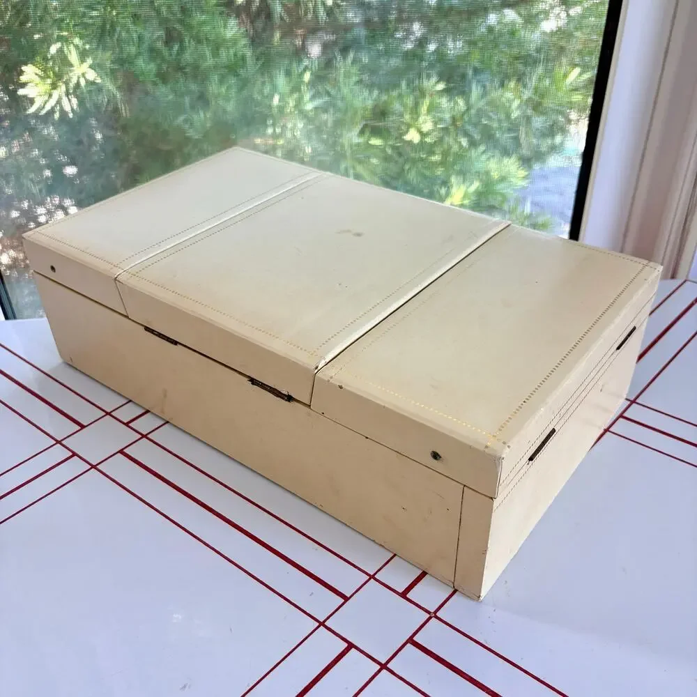 Large Vintage 1960s Cantilever Jewelry Box Red Velvet Mirror Ivory Vanity